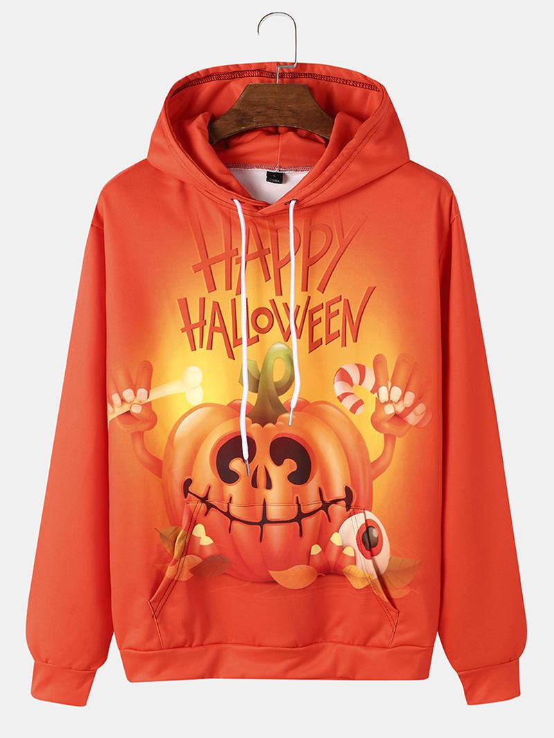 Pumpkin Letter Hoodies För Män Med Känguruficka