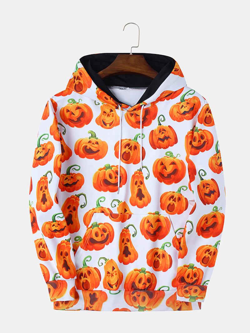 Pumpkin Monster Med Tryck Casual Insert Pocket Hood Sweatshirt