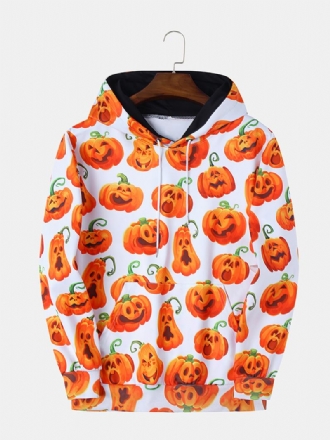 Pumpkin Monster Med Tryck Casual Insert Pocket Hood Sweatshirt