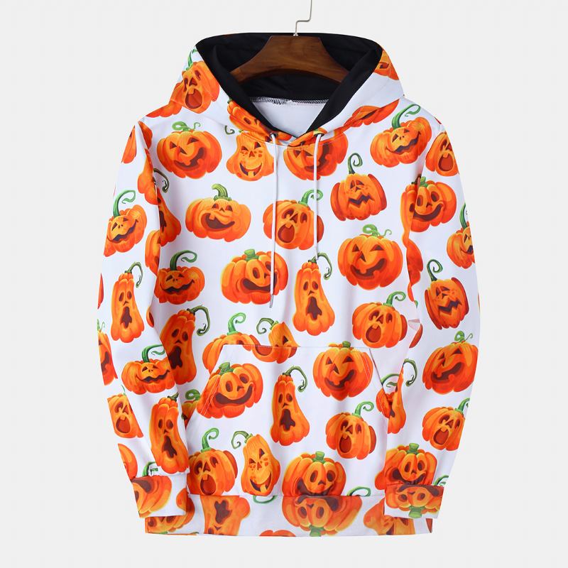 Pumpkin Monster Med Tryck Casual Insert Pocket Hood Sweatshirt