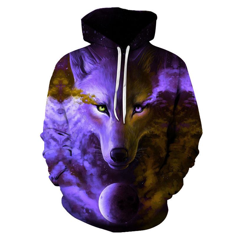 Purple Series Wolf 3d Digital Med Tryck Wolf Hooded Casual Tröja