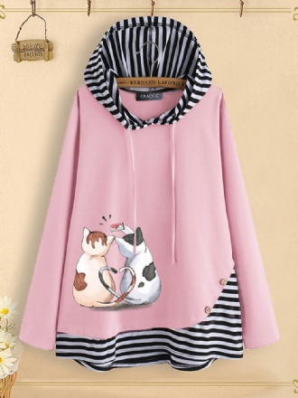 Stripe Patchwork Cartoon Katt Med Tryck Button Hoodie Sweatshirt