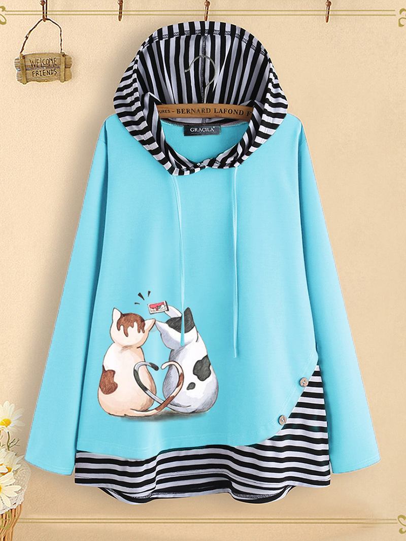 Stripe Patchwork Cartoon Katt Med Tryck Button Hoodie Sweatshirt