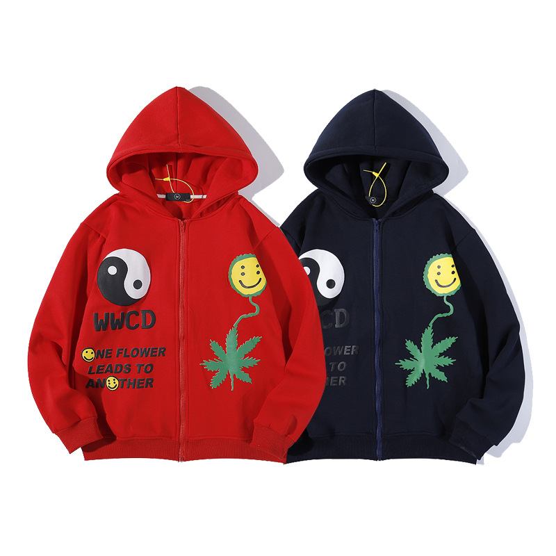 Tredimensionell Hemp Leaf Smileycardigan Huvtröja Med Dragkedja