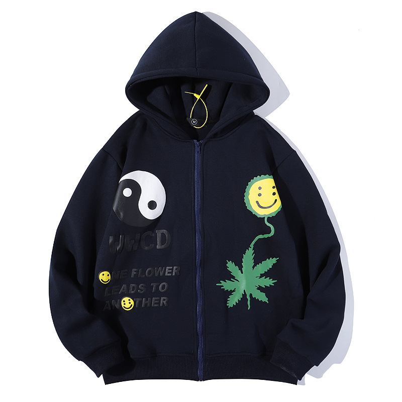 Tredimensionell Hemp Leaf Smileycardigan Huvtröja Med Dragkedja