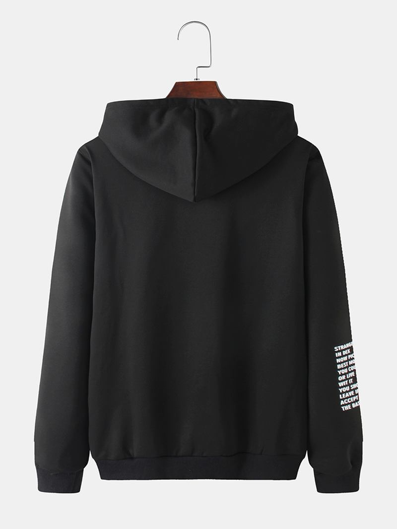 Vanligt Texttryck För Män På Ärmar Lös Casual Kangaroo Pocket Dragsko Hoodies