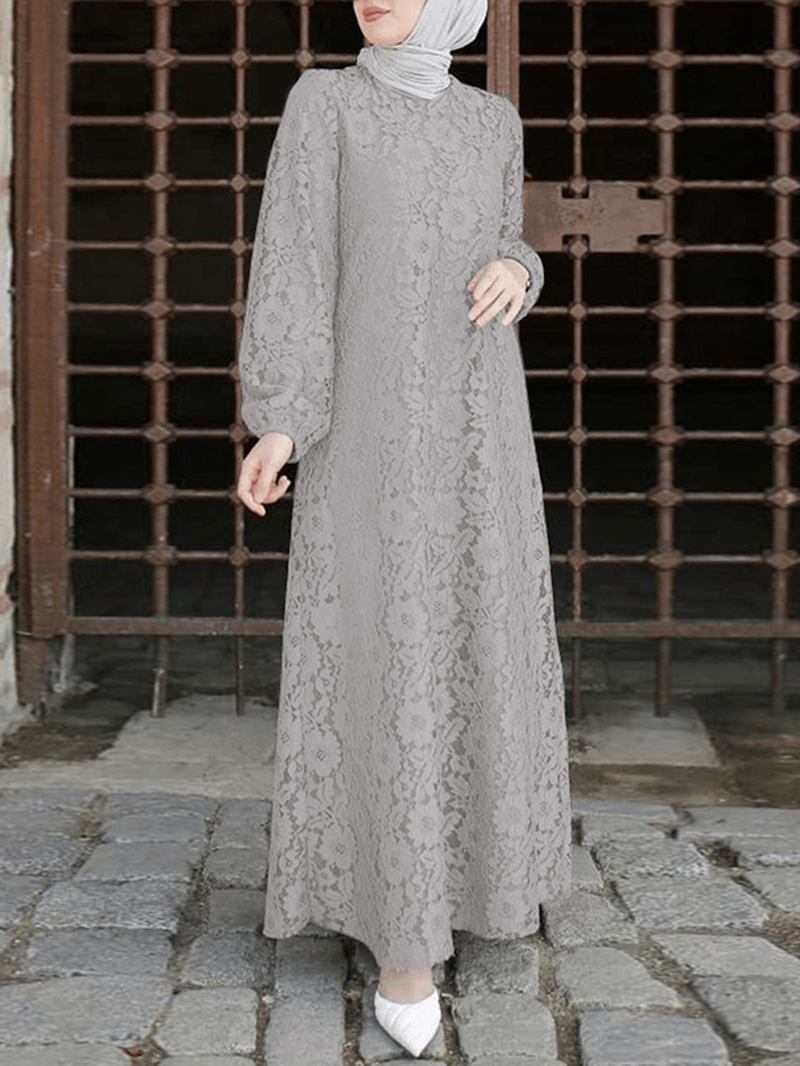 Dam 100% Bomull Abaya Kaftan Lace Patchwork Casual Midiklänning För Bröllop