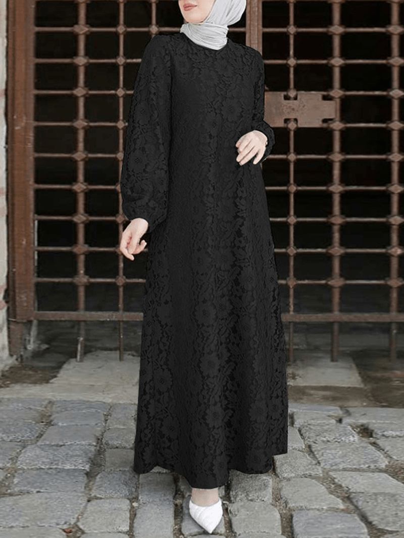 Dam 100% Bomull Abaya Kaftan Lace Patchwork Casual Midiklänning För Bröllop