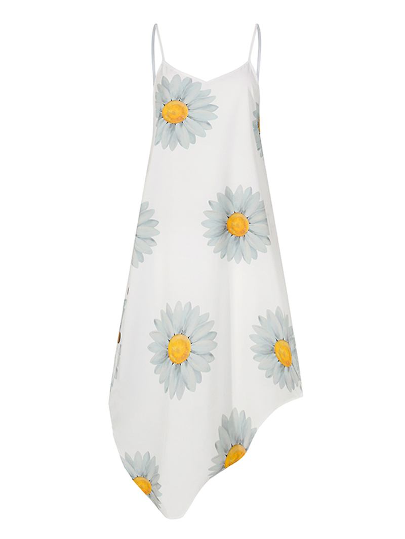 Hawaiian Style Holiday Small Daisies Med Tryck Oregelbunden Fåll V-neck Sling Ärmlös Midiklänning