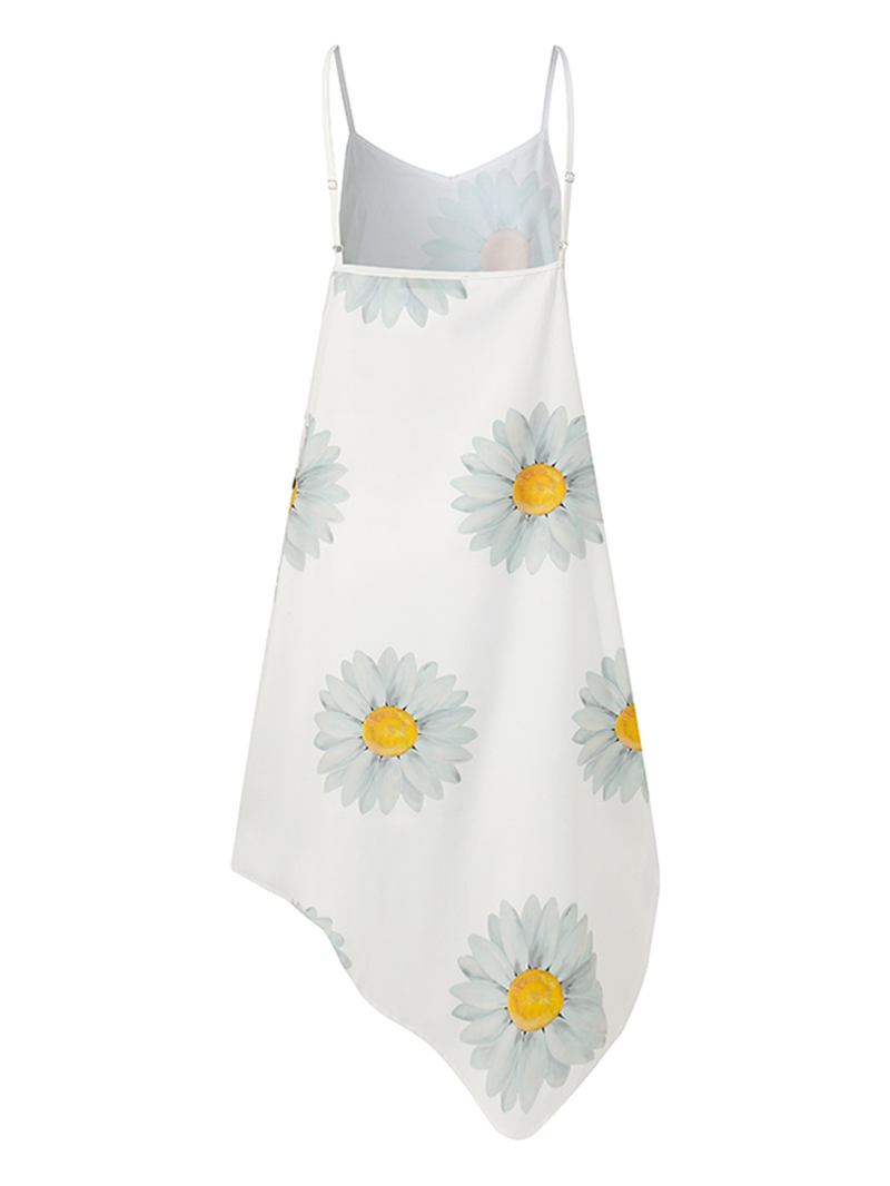 Hawaiian Style Holiday Small Daisies Med Tryck Oregelbunden Fåll V-neck Sling Ärmlös Midiklänning