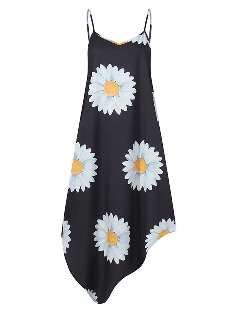 Hawaiian Style Holiday Small Daisies Med Tryck Oregelbunden Fåll V-neck Sling Ärmlös Midiklänning