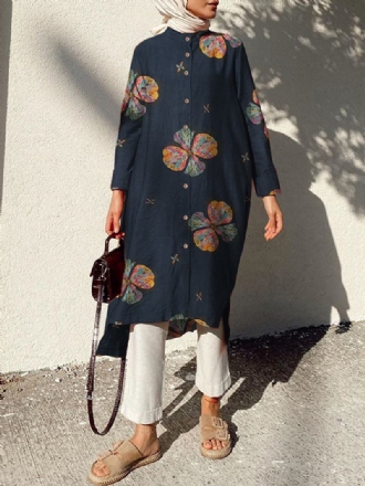 Kvinnor Bomull Blommor Med Tryck Kaftan Långärmad Retro Skjorta Klänning