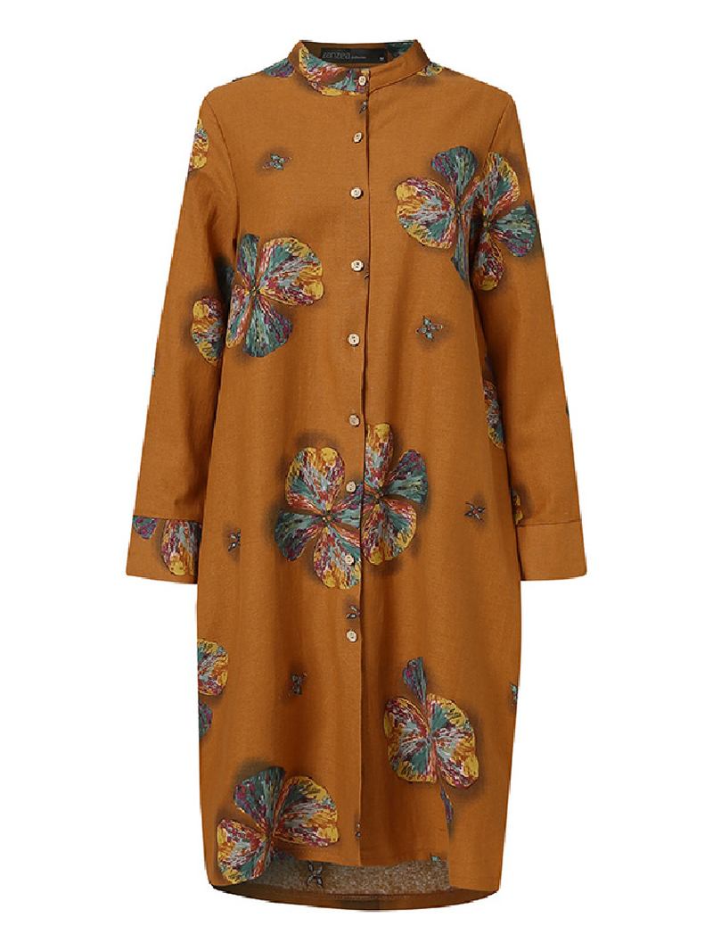 Kvinnor Bomull Blommor Med Tryck Kaftan Långärmad Retro Skjorta Klänning