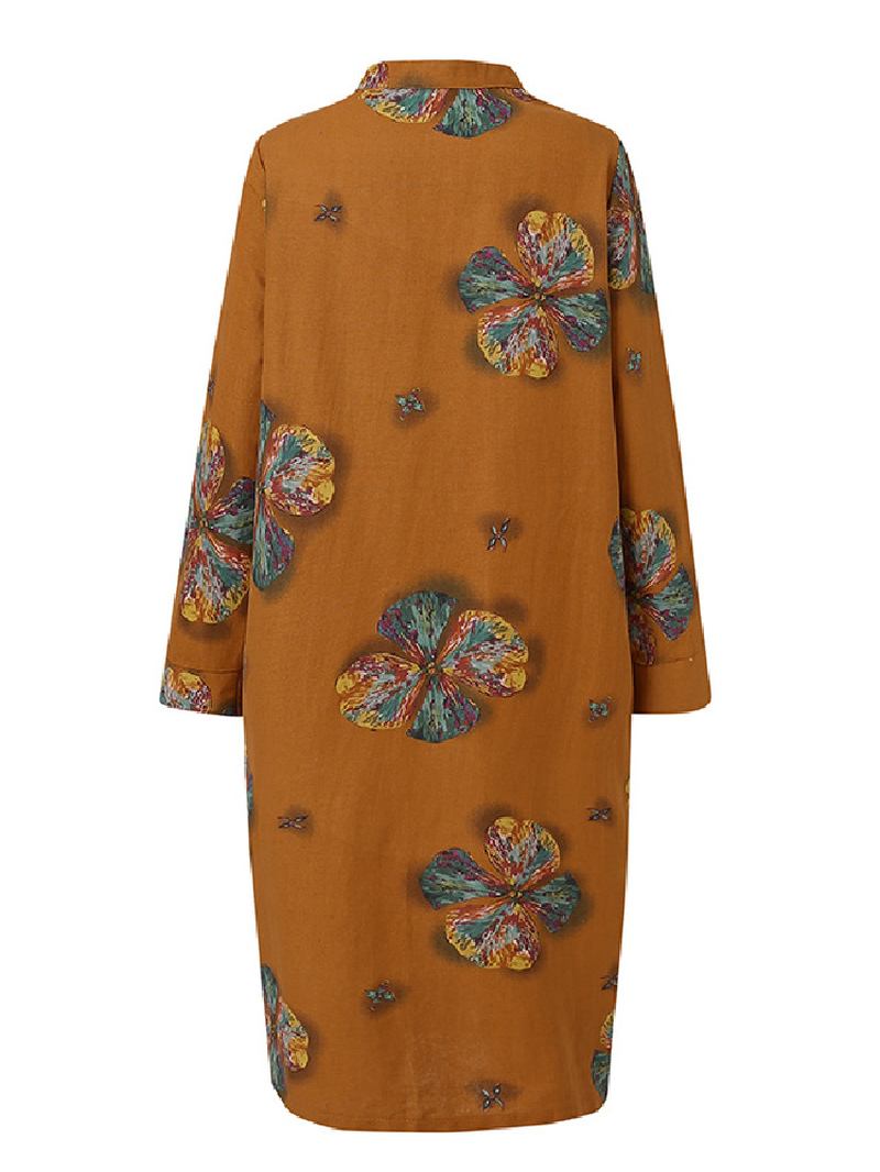 Kvinnor Bomull Blommor Med Tryck Kaftan Långärmad Retro Skjorta Klänning