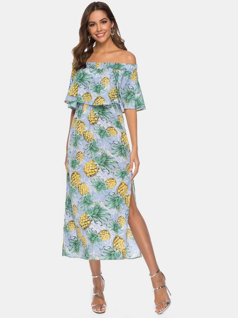 Kvinnor Off Shoulder Blommönster Split Causal Midi-klänning