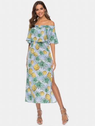 Kvinnor Off Shoulder Blommönster Split Causal Midi-klänning