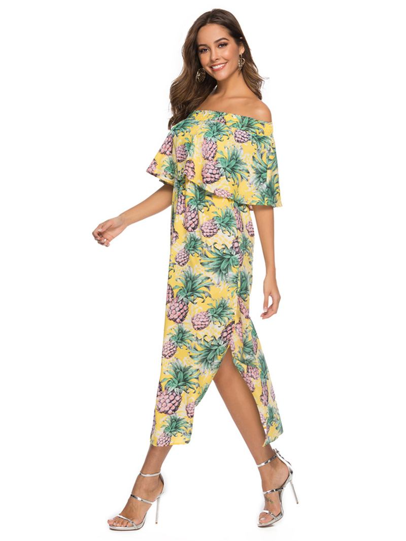 Kvinnor Off Shoulder Blommönster Split Causal Midi-klänning