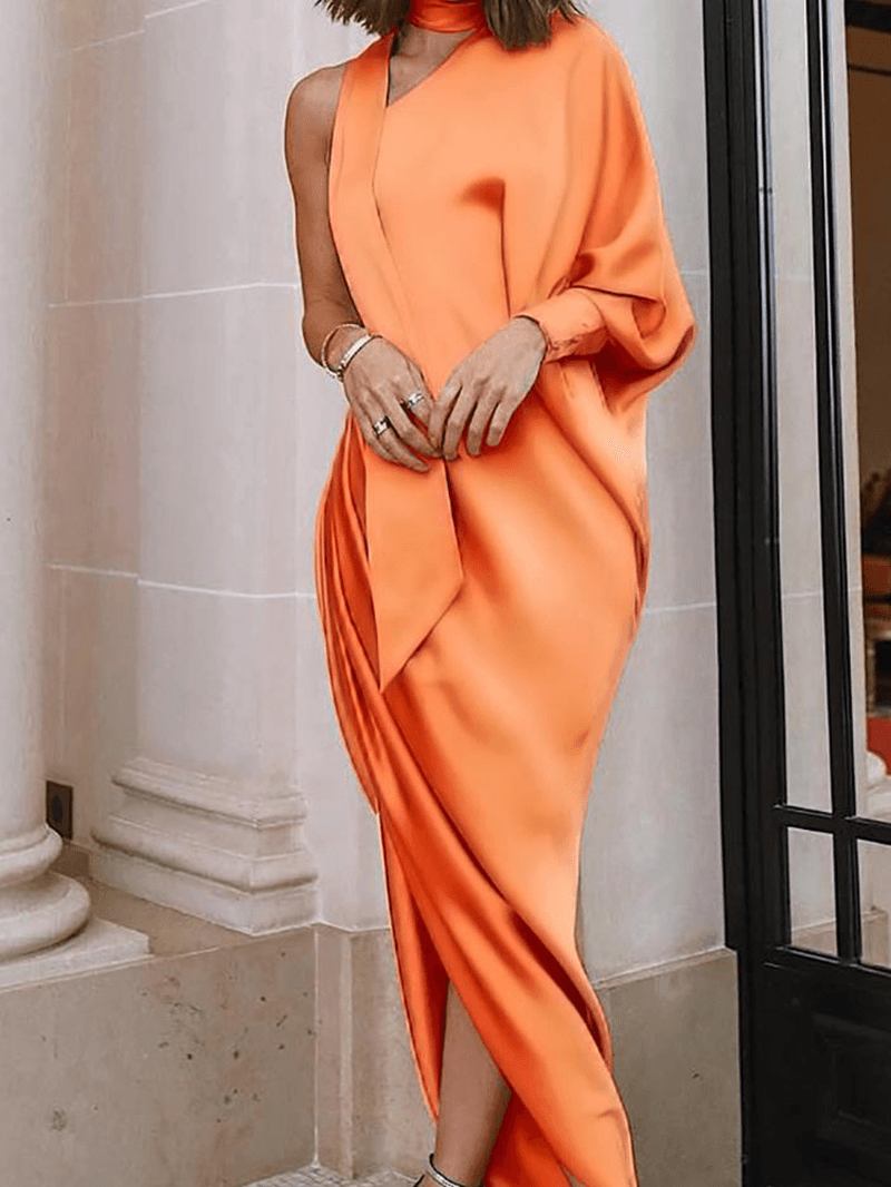 Kvinnor One Shoulder Scrunch Slit Side Maxi Aftonklänning