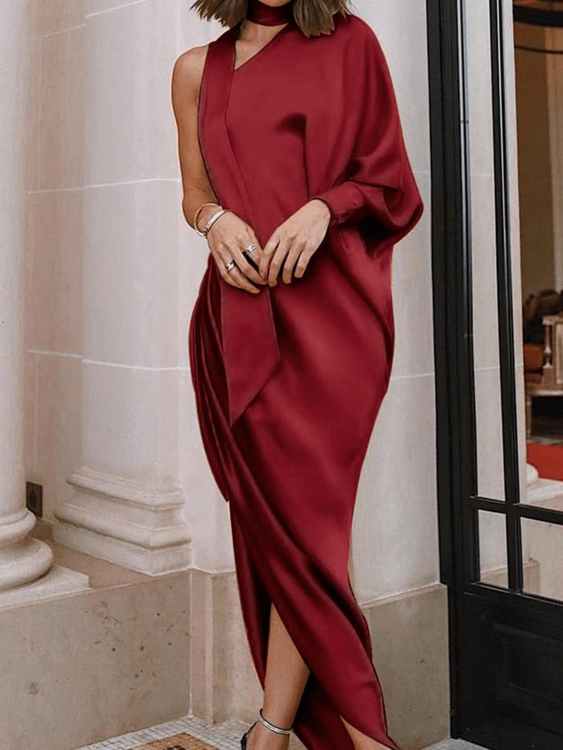 Kvinnor One Shoulder Scrunch Slit Side Maxi Aftonklänning