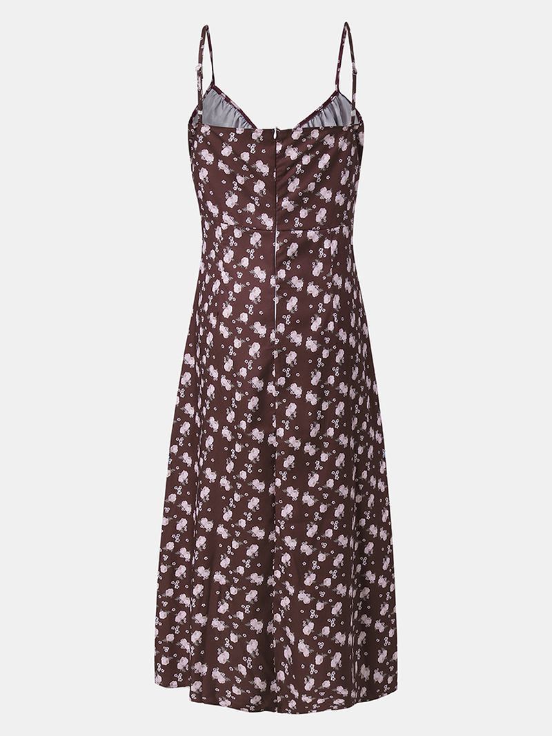 Kvinnor Retro Blommor Med Tryck Split Strappy Cami Casual Midi-klänningar