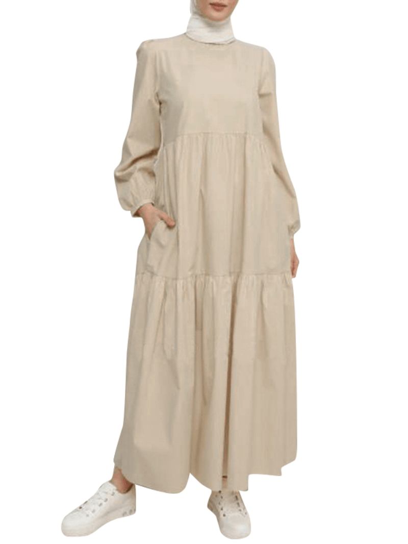 Kvinnor Solid Crew Neck Layered Back Buttons Abaya Kaftan Dress