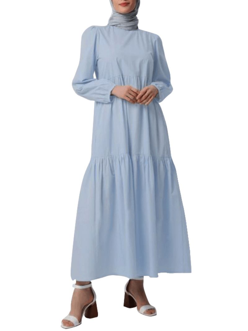 Kvinnor Solid Crew Neck Layered Back Buttons Abaya Kaftan Dress