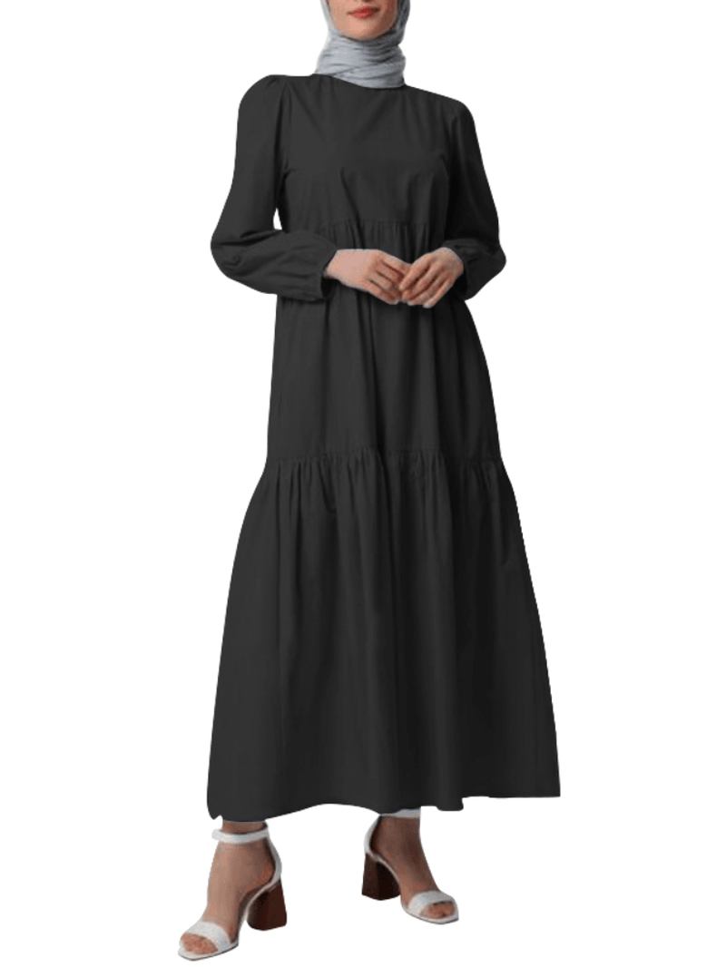 Kvinnor Solid Crew Neck Layered Back Buttons Abaya Kaftan Dress