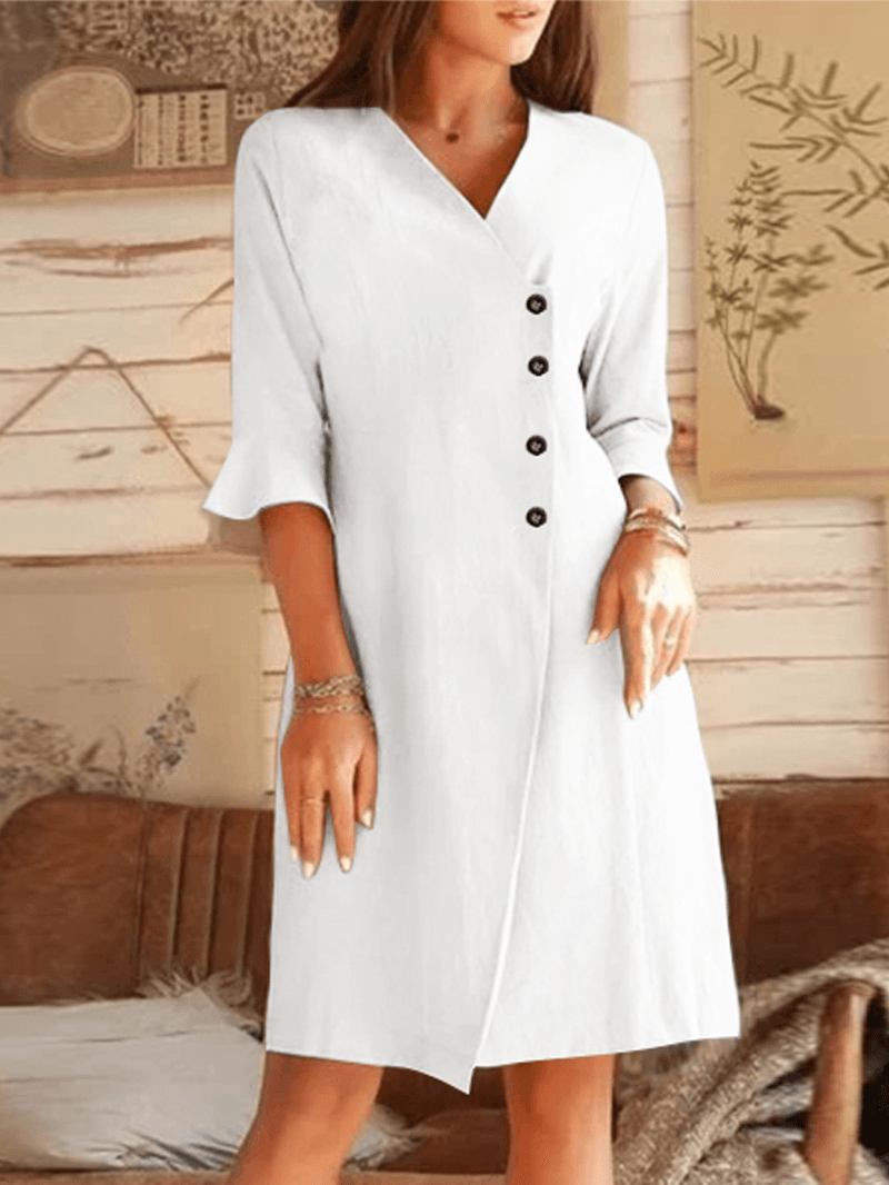 V-ringad Sned Knappslå Design Bell Sleeve Casual Dress