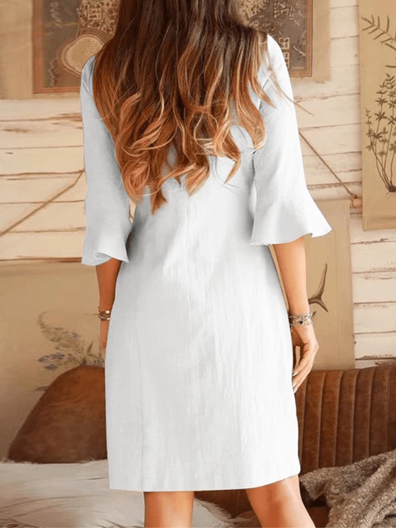 V-ringad Sned Knappslå Design Bell Sleeve Casual Dress