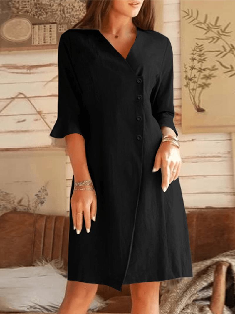 V-ringad Sned Knappslå Design Bell Sleeve Casual Dress