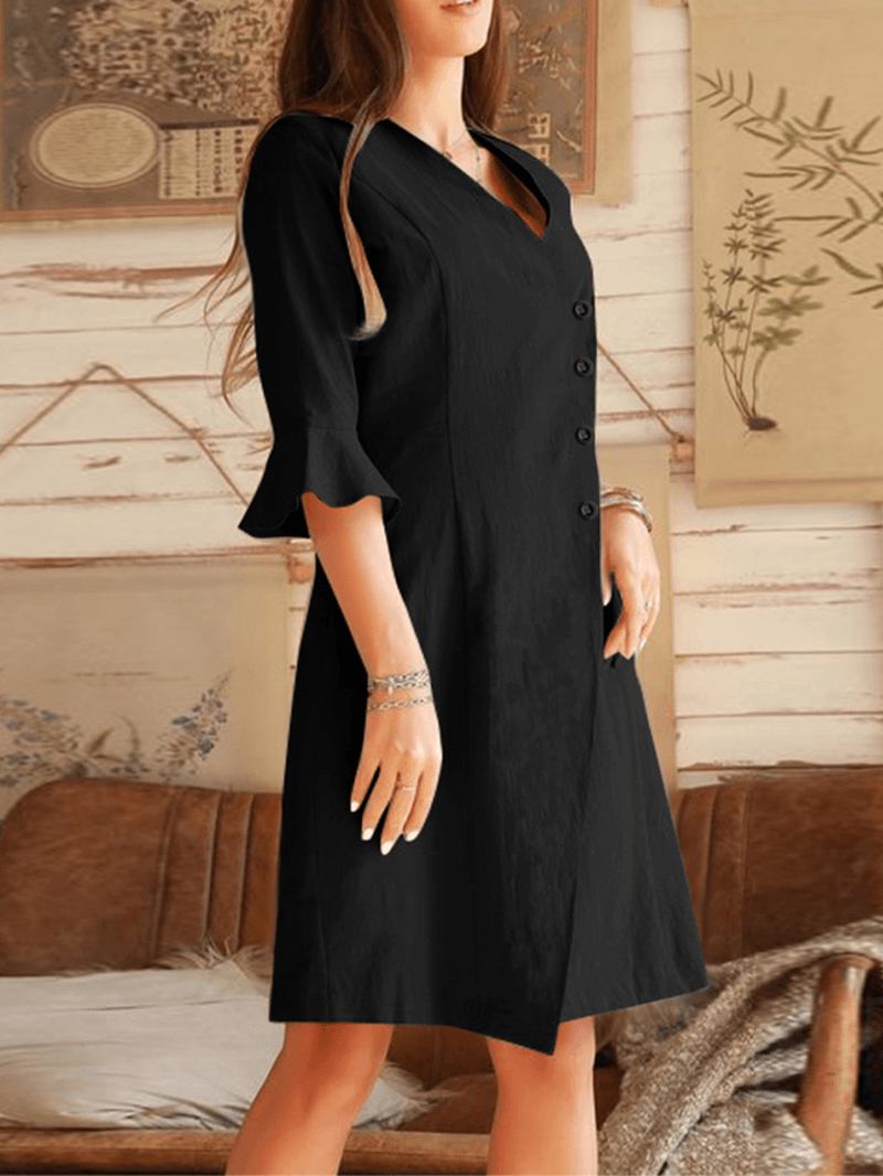 V-ringad Sned Knappslå Design Bell Sleeve Casual Dress