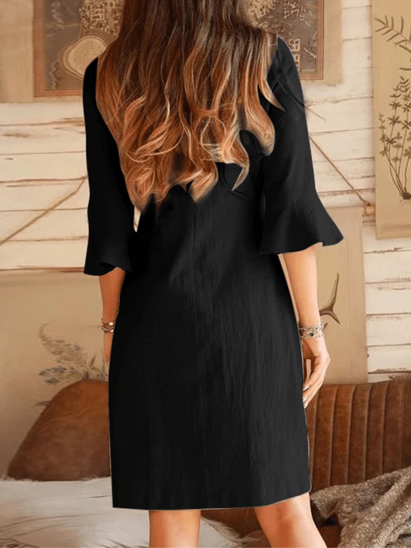 V-ringad Sned Knappslå Design Bell Sleeve Casual Dress