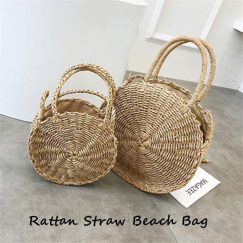 Bohemia Rattan Straw Bag Dam Halm Handväska Rund Strand 110cm Längd Polyester