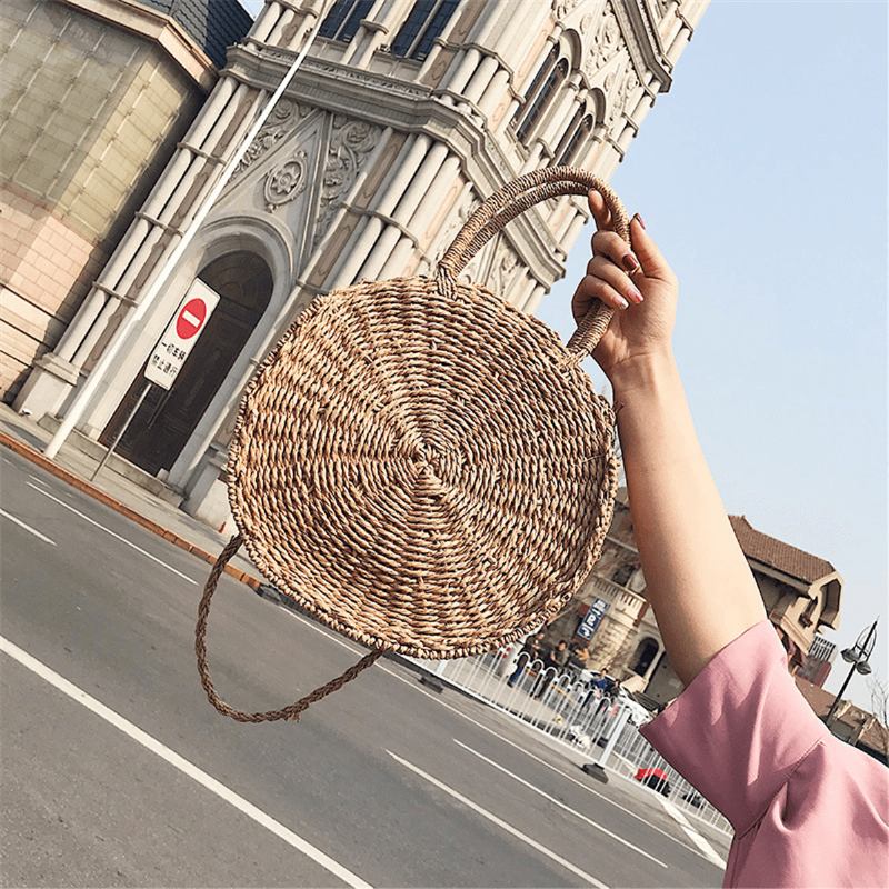 Bohemia Rattan Straw Bag Dam Halm Handväska Rund Strand 110cm Längd Polyester