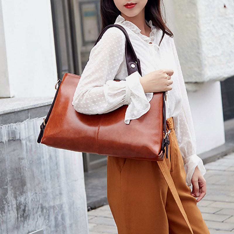 Dam Konstläder Retro Litchi-mönster Handväska Med Stor Kapacitet Axelväska Crossbody-väska Tote