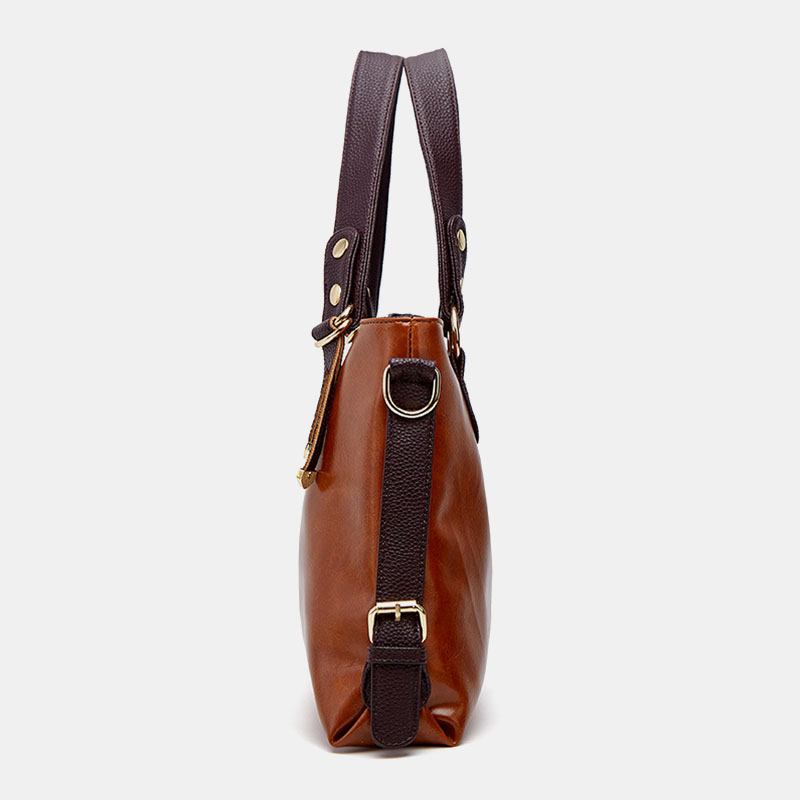 Dam Konstläder Retro Litchi-mönster Handväska Med Stor Kapacitet Axelväska Crossbody-väska Tote