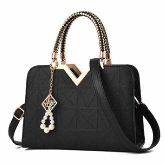 Elegant Dam Golden Top Handtag Satchel Handväska Tote Purse Axelväska Med Pärlhänge