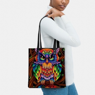 Färg Owl Med Tryck Mönster Läder Tygväska Sticker Axelväska Handväska Tote Med Inbyggd Liten Väska