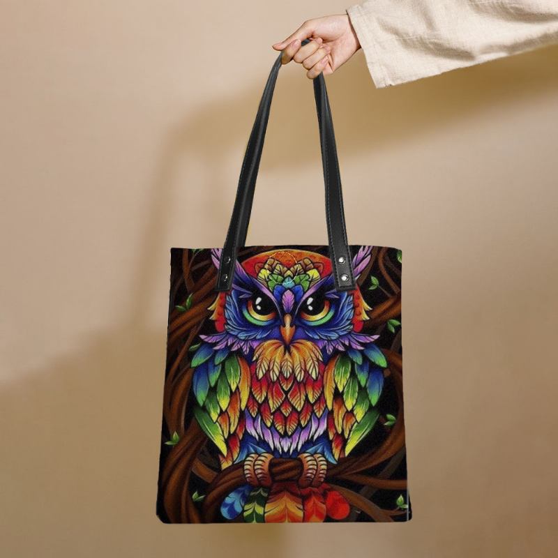 Färg Owl Med Tryck Mönster Läder Tygväska Sticker Axelväska Handväska Tote Med Inbyggd Liten Väska