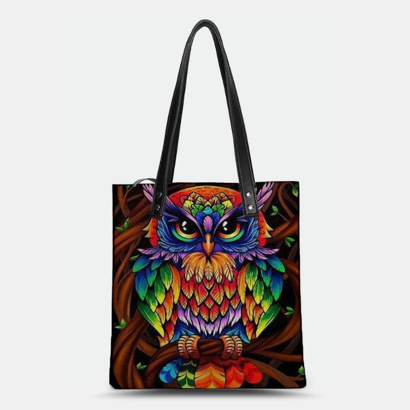 Färg Owl Med Tryck Mönster Läder Tygväska Sticker Axelväska Handväska Tote Med Inbyggd Liten Väska