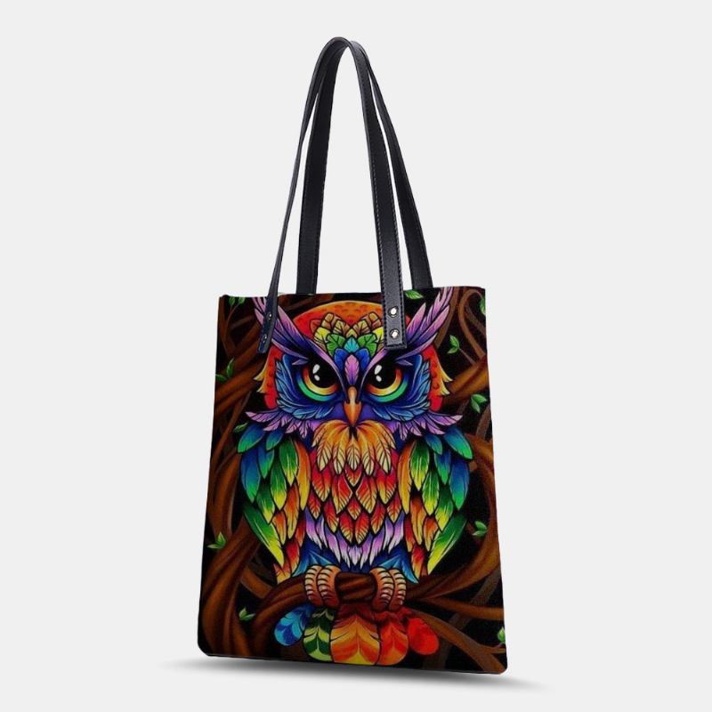 Färg Owl Med Tryck Mönster Läder Tygväska Sticker Axelväska Handväska Tote Med Inbyggd Liten Väska