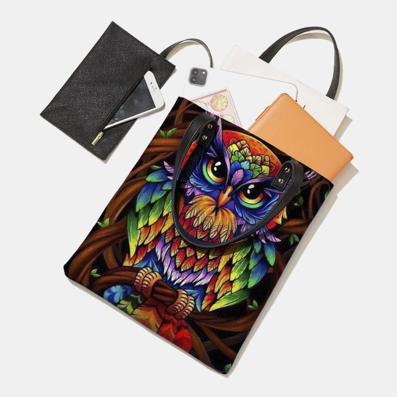 Färg Owl Med Tryck Mönster Läder Tygväska Sticker Axelväska Handväska Tote Med Inbyggd Liten Väska