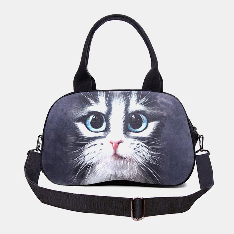 Kvinnor Canvas 3d Tredimensionell Söt Katt Djurtryck Casual Cartoon Handväska Axelväska Satchel Bag