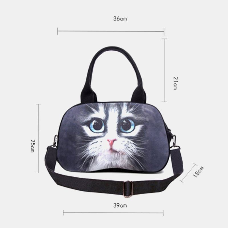 Kvinnor Canvas 3d Tredimensionell Söt Katt Djurtryck Casual Cartoon Handväska Axelväska Satchel Bag