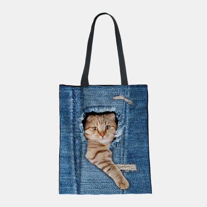 Kvinnor Canvas Breaking Hole Denim 3d Söt Katt Hundmönster Casual Outdoor Handväska Axelväska Tote