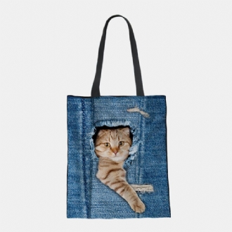 Kvinnor Canvas Breaking Hole Denim 3d Söt Katt Hundmönster Casual Outdoor Handväska Axelväska Tote