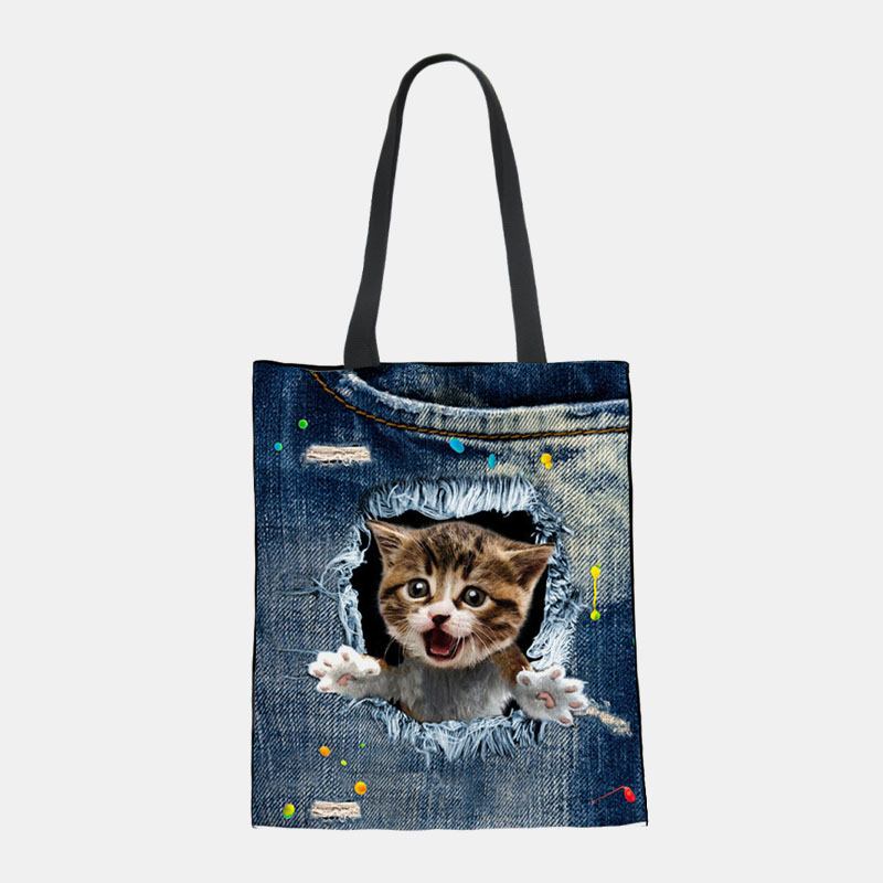 Kvinnor Canvas Breaking Hole Denim 3d Söt Katt Hundmönster Casual Outdoor Handväska Axelväska Tote