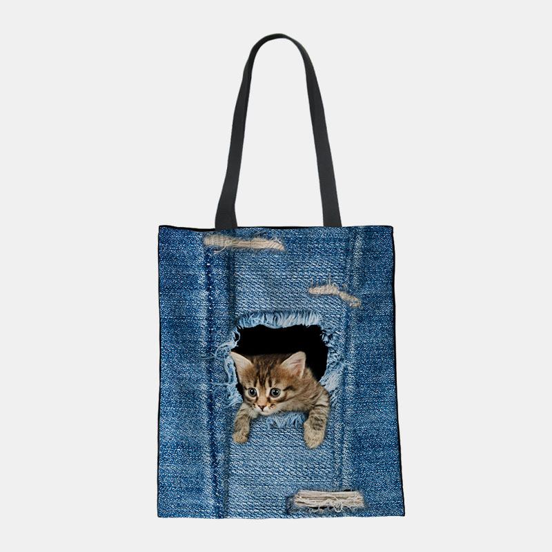 Kvinnor Canvas Breaking Hole Denim 3d Söt Katt Hundmönster Casual Outdoor Handväska Axelväska Tote