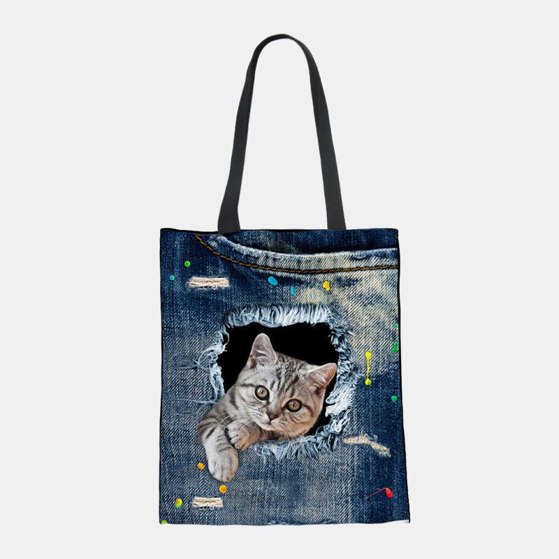 Kvinnor Canvas Breaking Hole Denim 3d Söt Katt Hundmönster Casual Outdoor Handväska Axelväska Tote