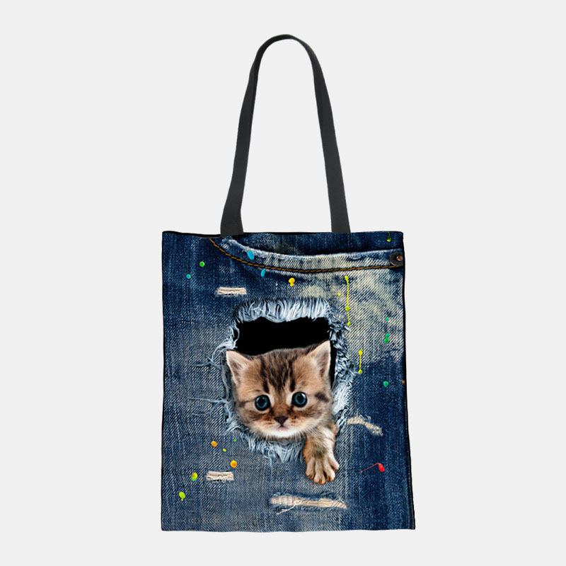 Kvinnor Canvas Breaking Hole Denim 3d Söt Katt Hundmönster Casual Outdoor Handväska Axelväska Tote